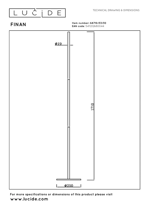 Lucide FINAN - Lampadaire - LED Dim. - 1x32W 2700K - Noir - technique